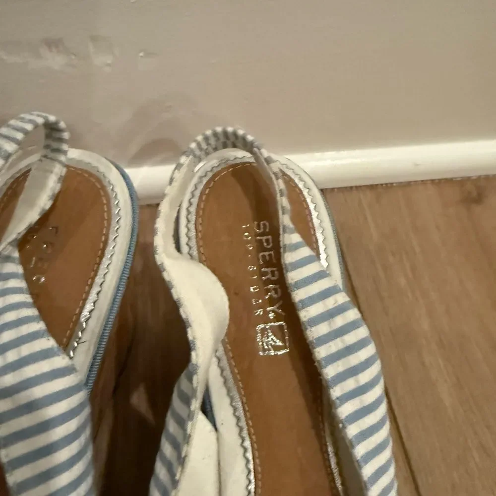 Sperry Blue and White Nautical Wedge Sandals with bows